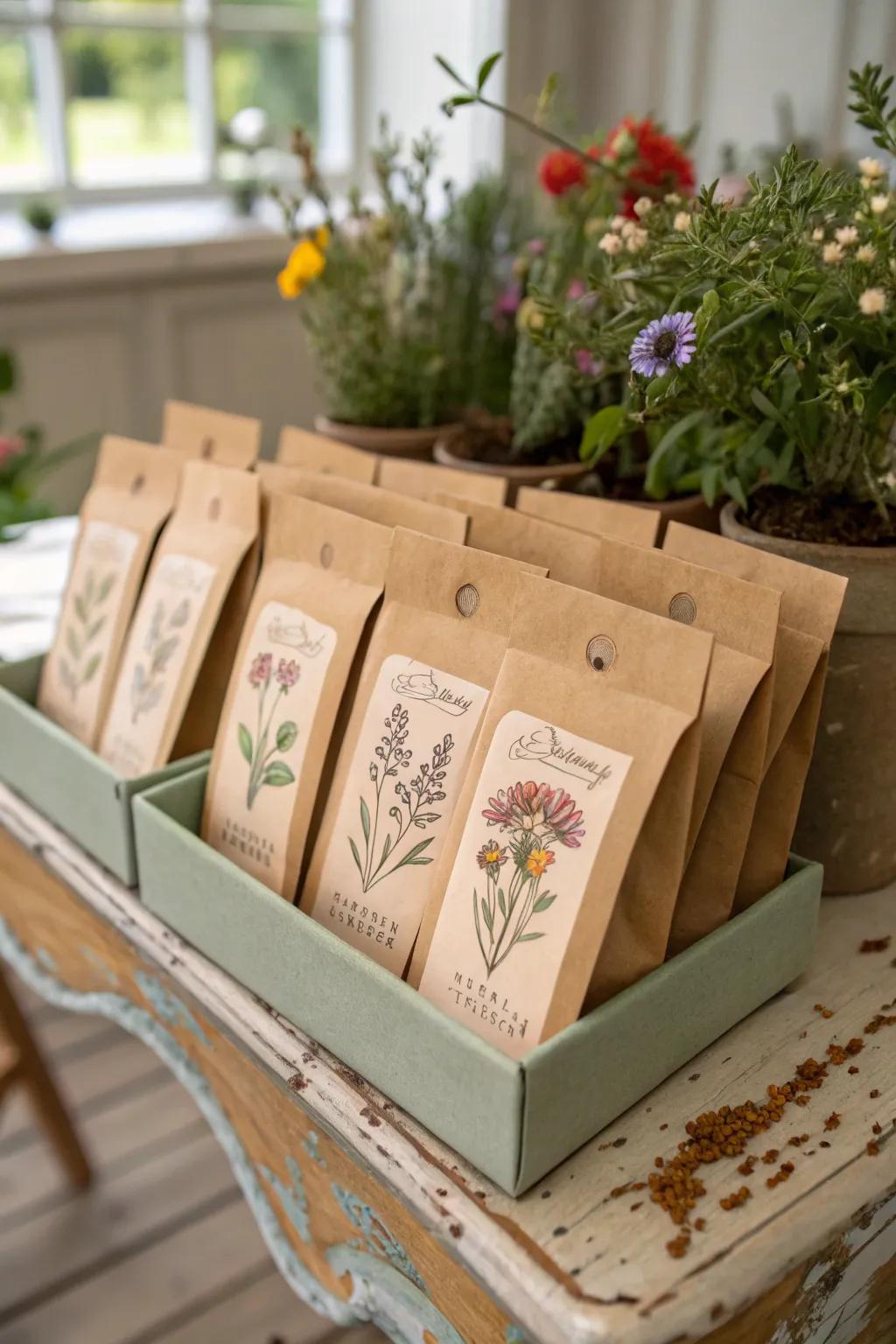 Personalized seed packets offer a thoughtful and eco-friendly favor.