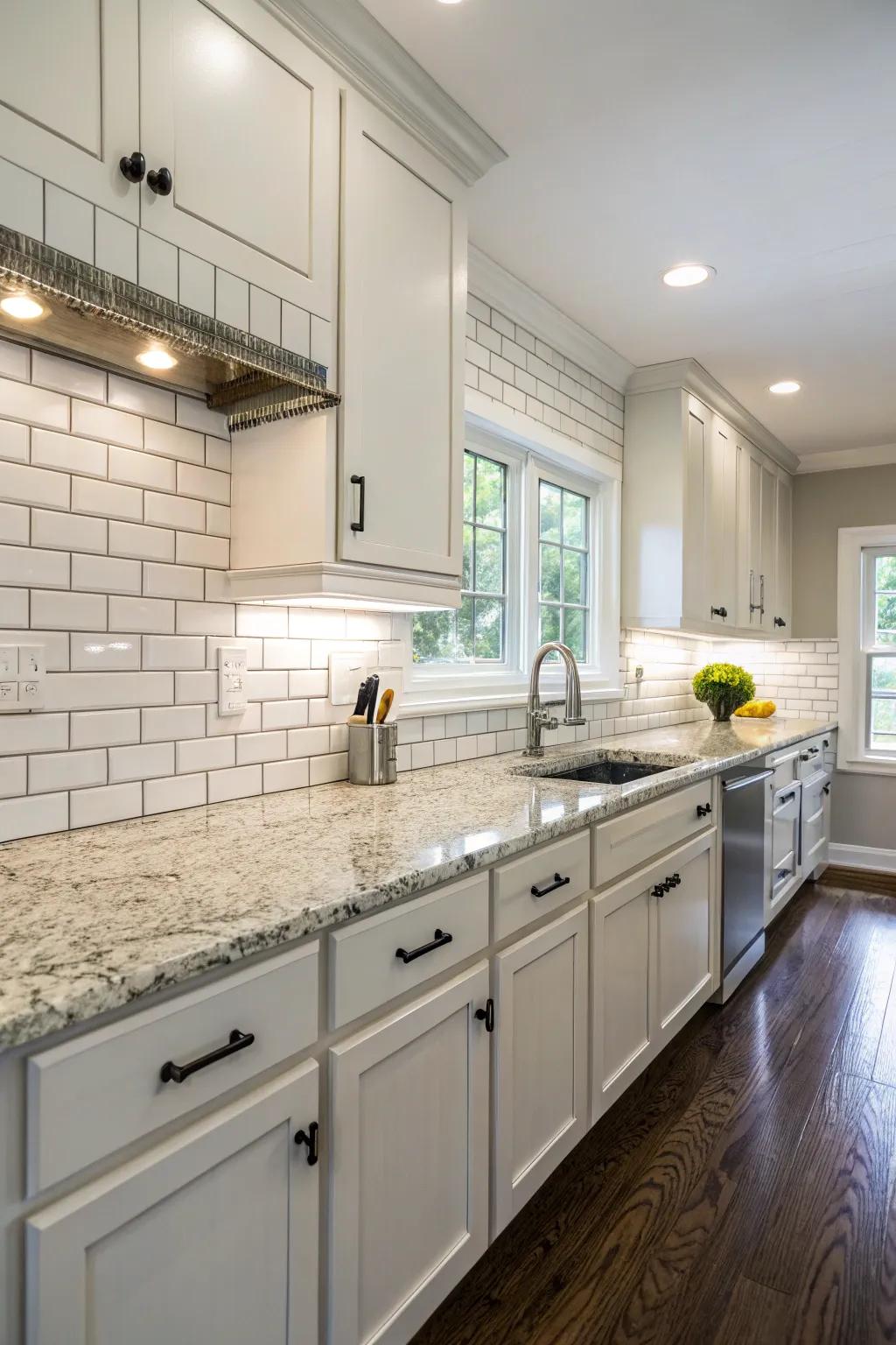 Classic subway tiles provide a timeless backdrop for granite countertops.