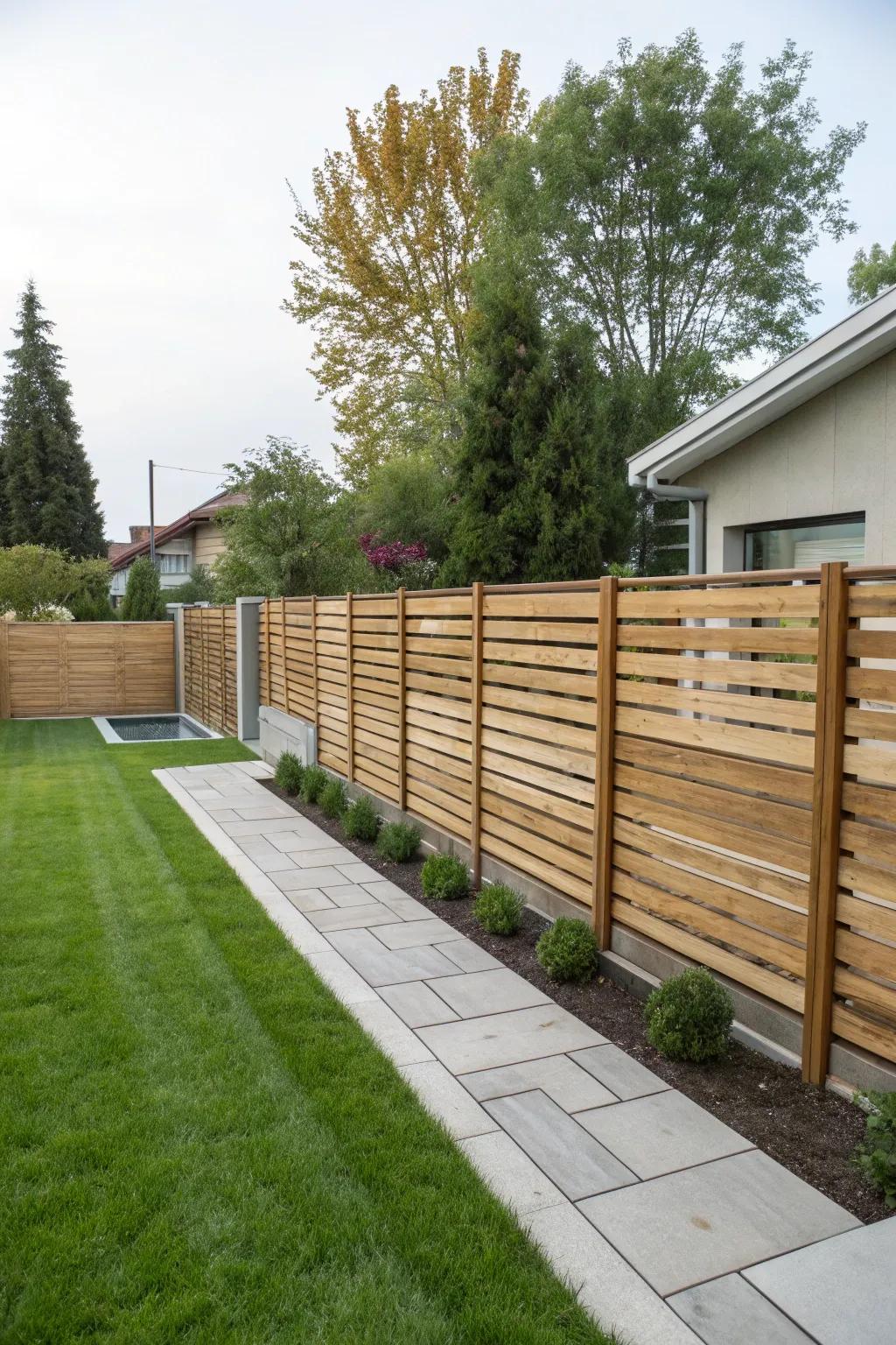 A sleek wooden fence with horizontal slats for stylish privacy.