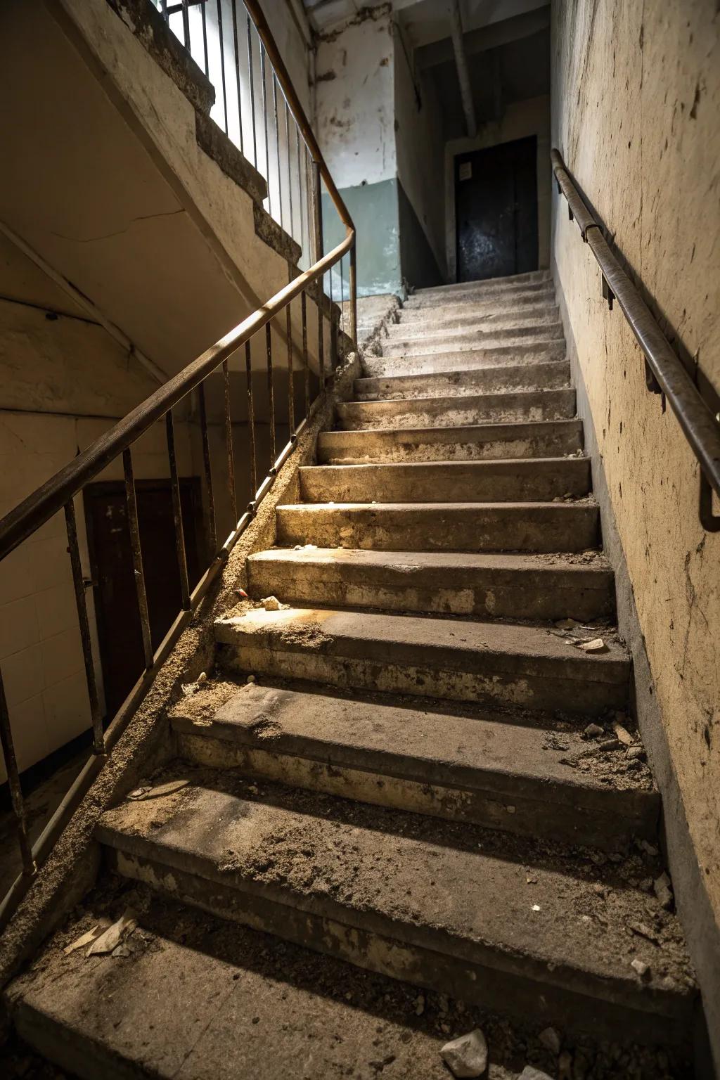 A staircase featuring uneven steps and awkward spacing, challenging to navigate.