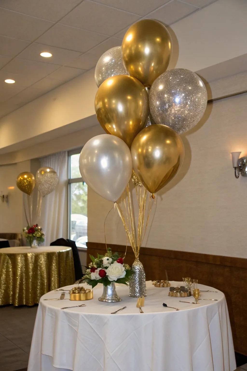 Sophisticated metallic balloons introduce a graceful radiance.