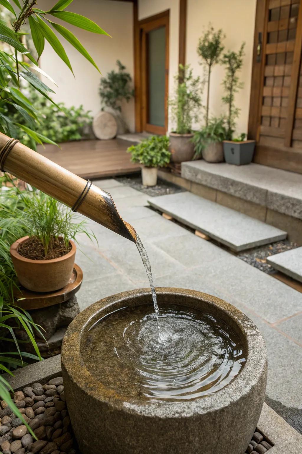A minimalist bamboo outlet fountain graces a cozy patio, showcasing simple elegance.