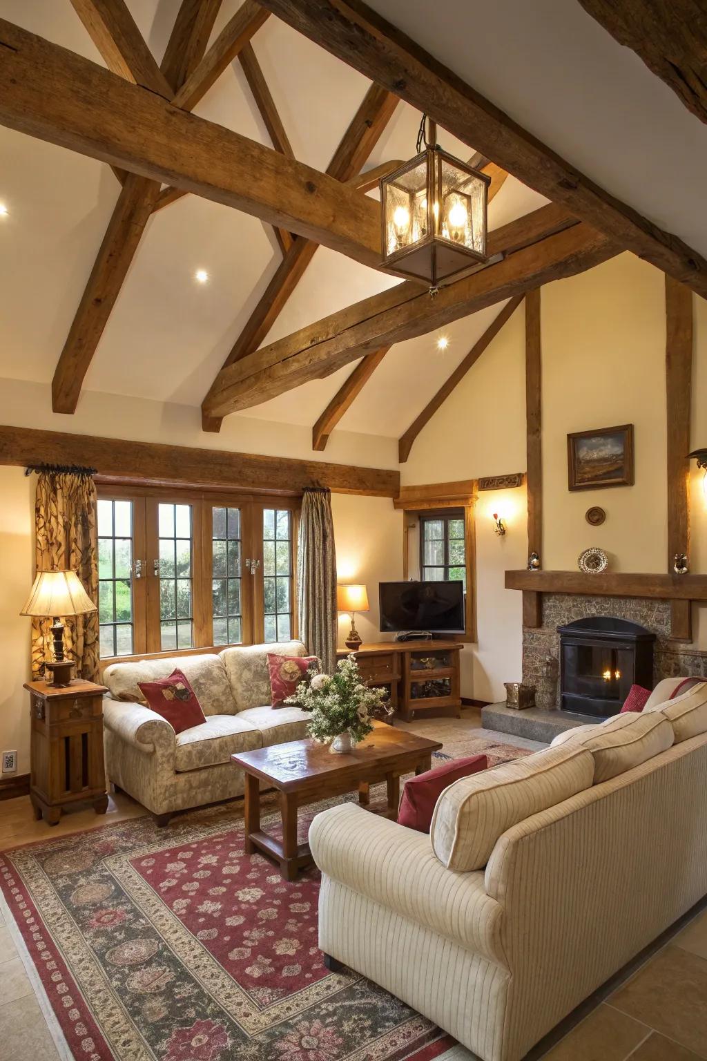 Exposed beams add rustic charm to modern interiors.