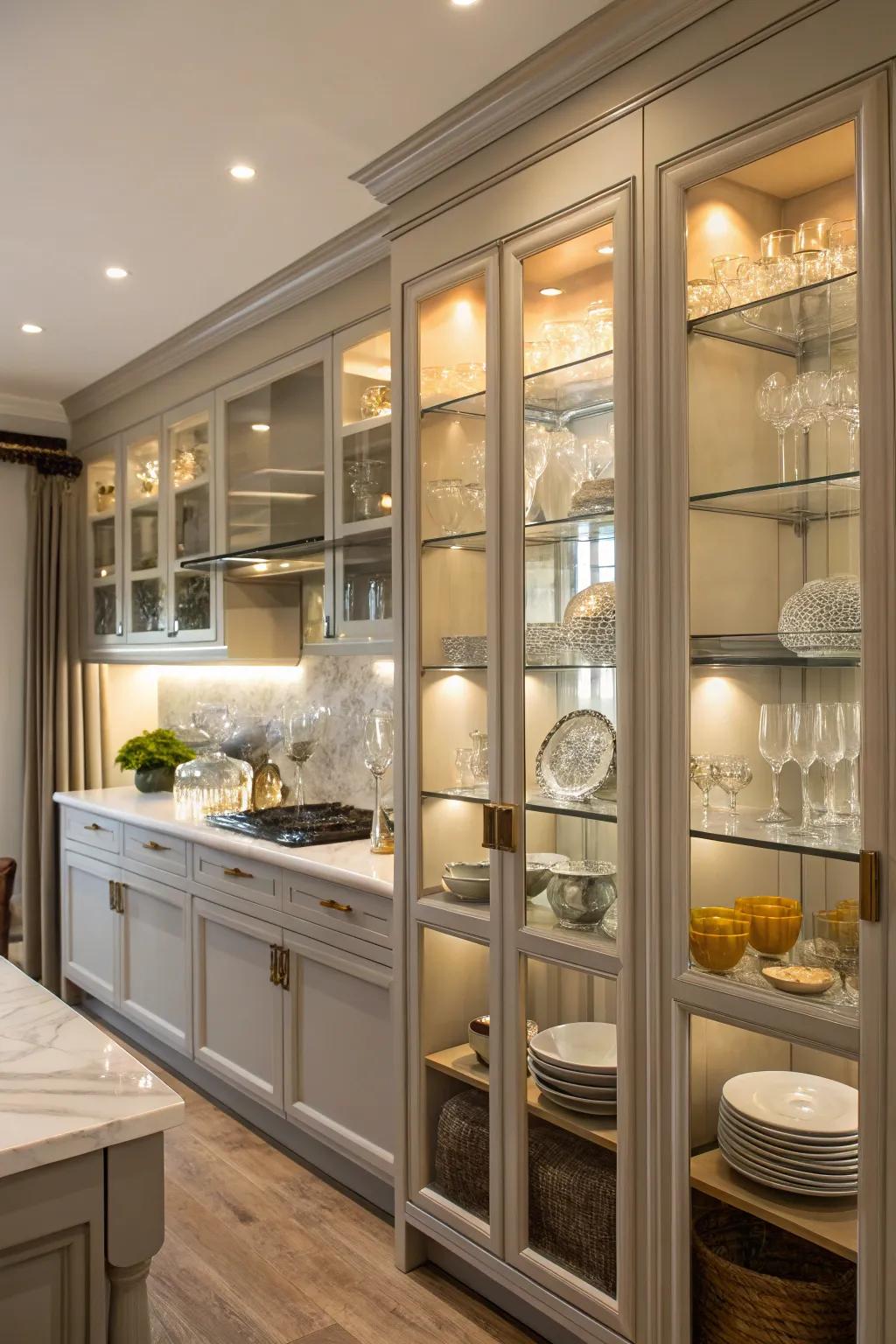 Glass front cabinets add elegance and display beautiful dishware.