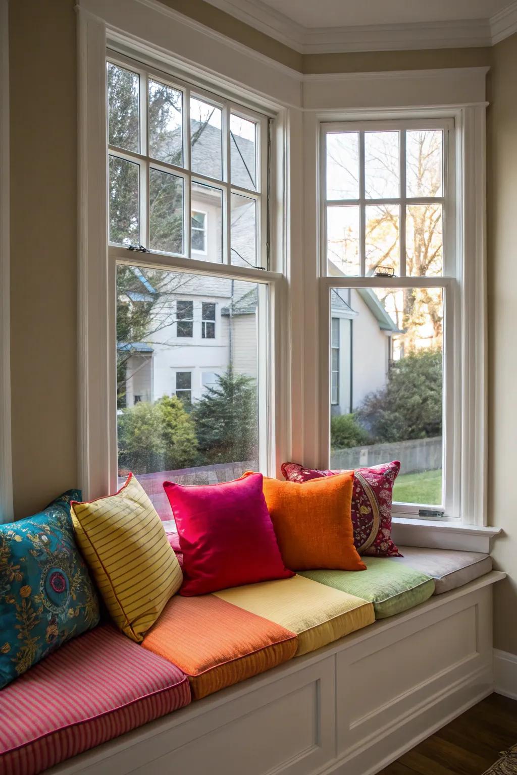 Add vibrancy with colorful cushions in a neutral setting.