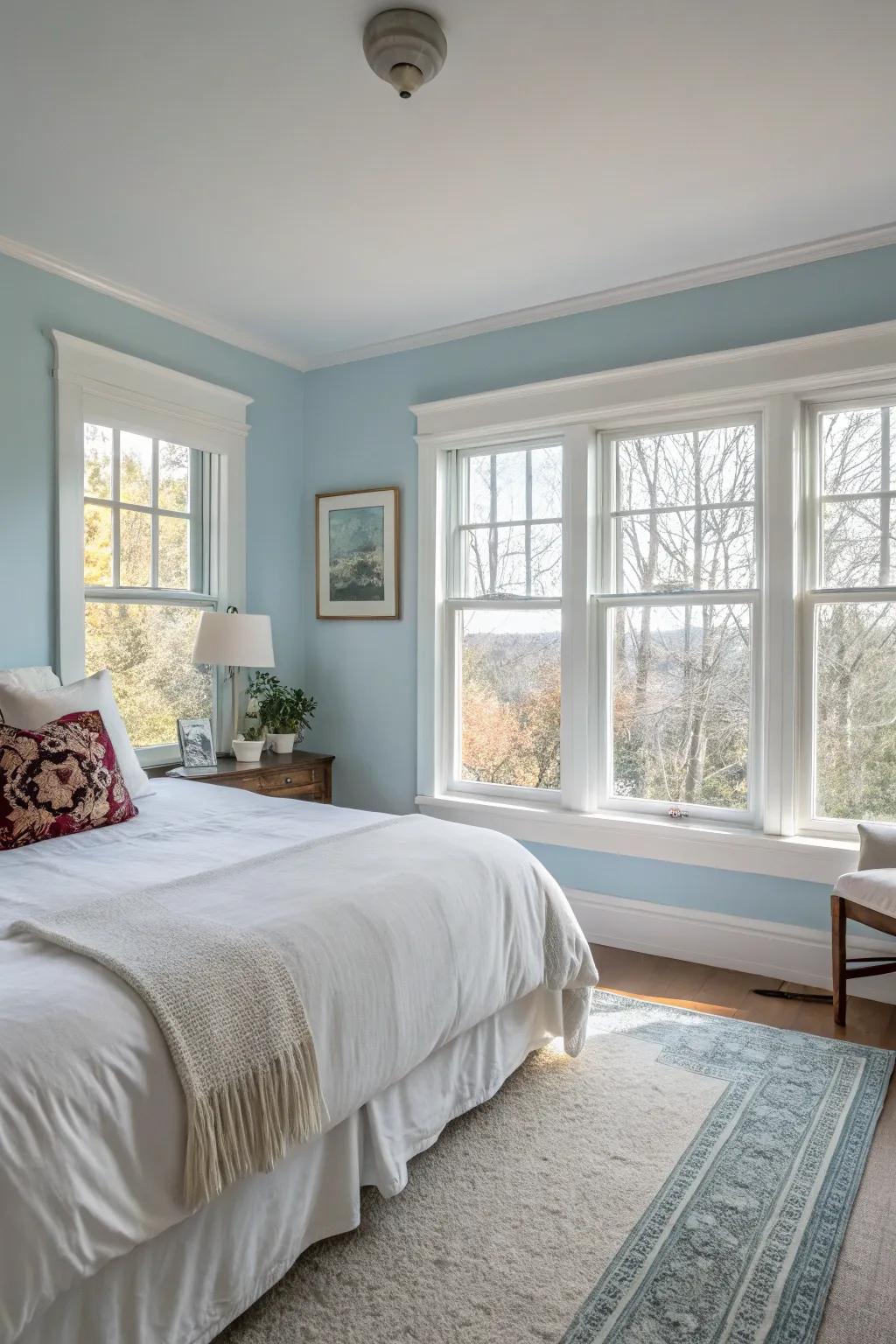 Soft blues create a serene and light-filled bedroom oasis.