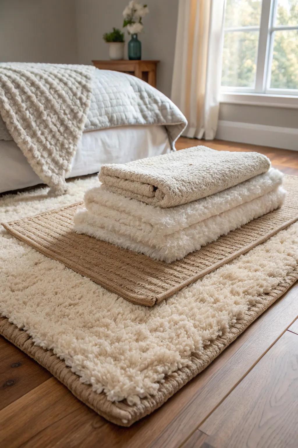 Layered rugs create depth and warmth in a bedroom.