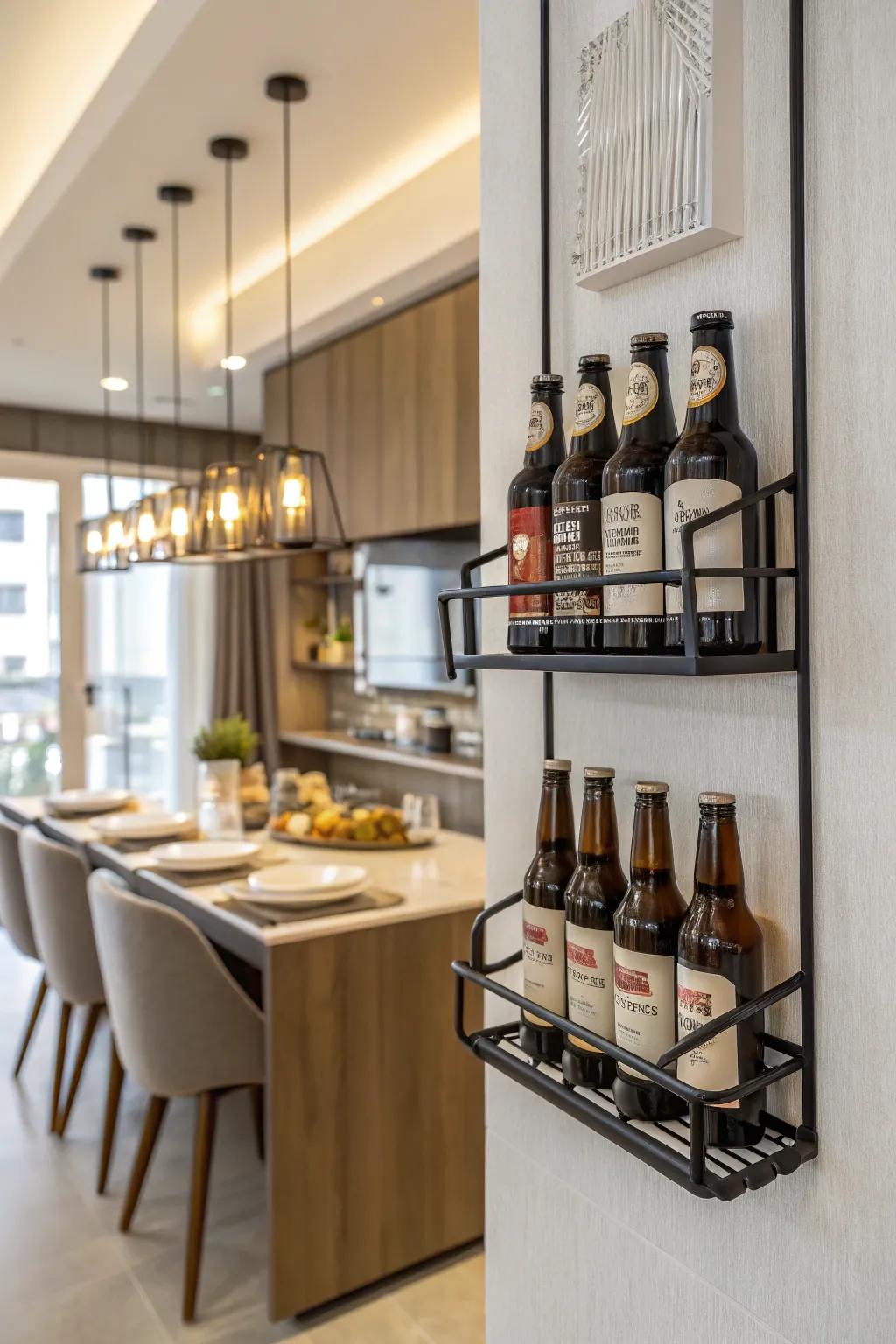 A modern wall-mounted beer bottle rack in a dining room.