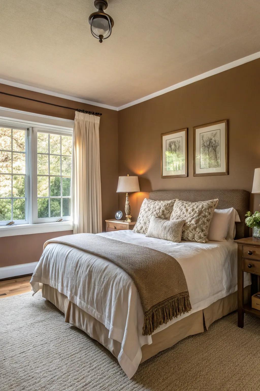 A bedroom transformed into a serene retreat with soft brown hues.