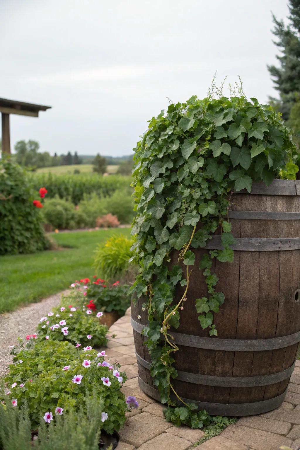 Elegant trailing ivy enhancing the rustic charm of a whiskey barrel.