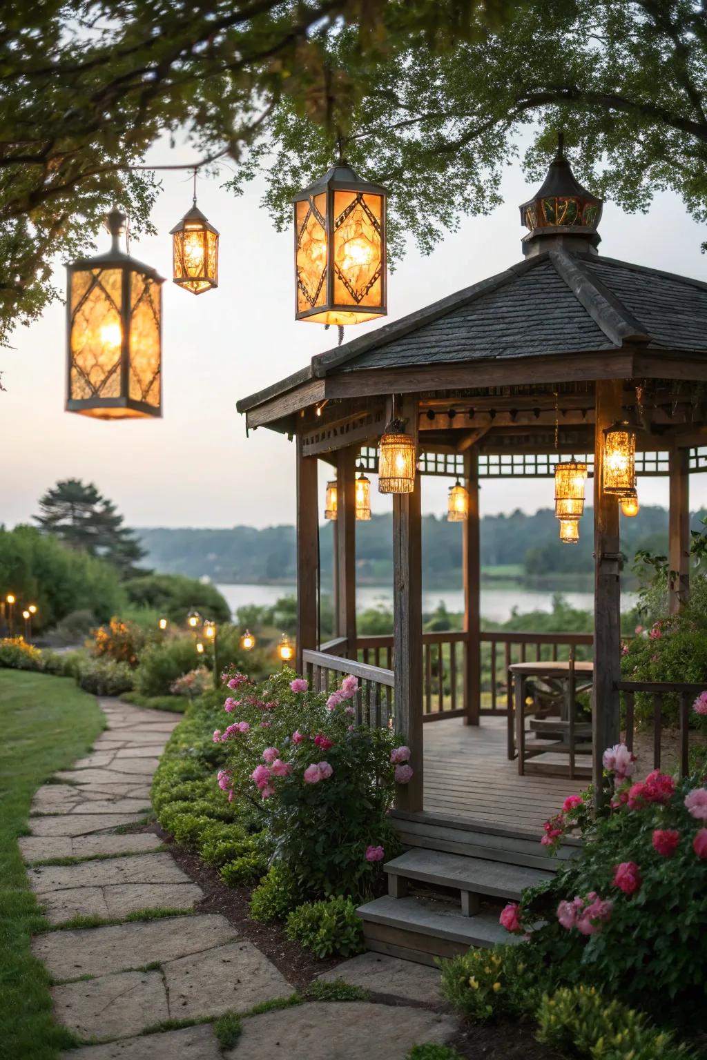 Suspended lanterns impart an ageless sophistication to any gazebo.