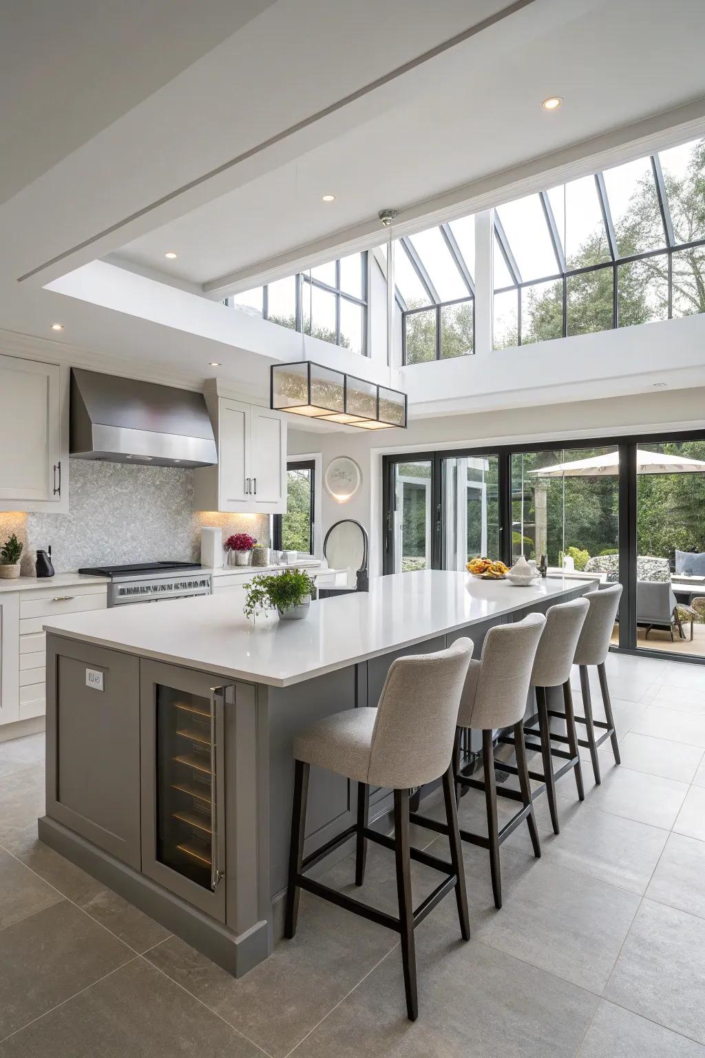 A grand kitchen island serves as a functional and social centerpiece.