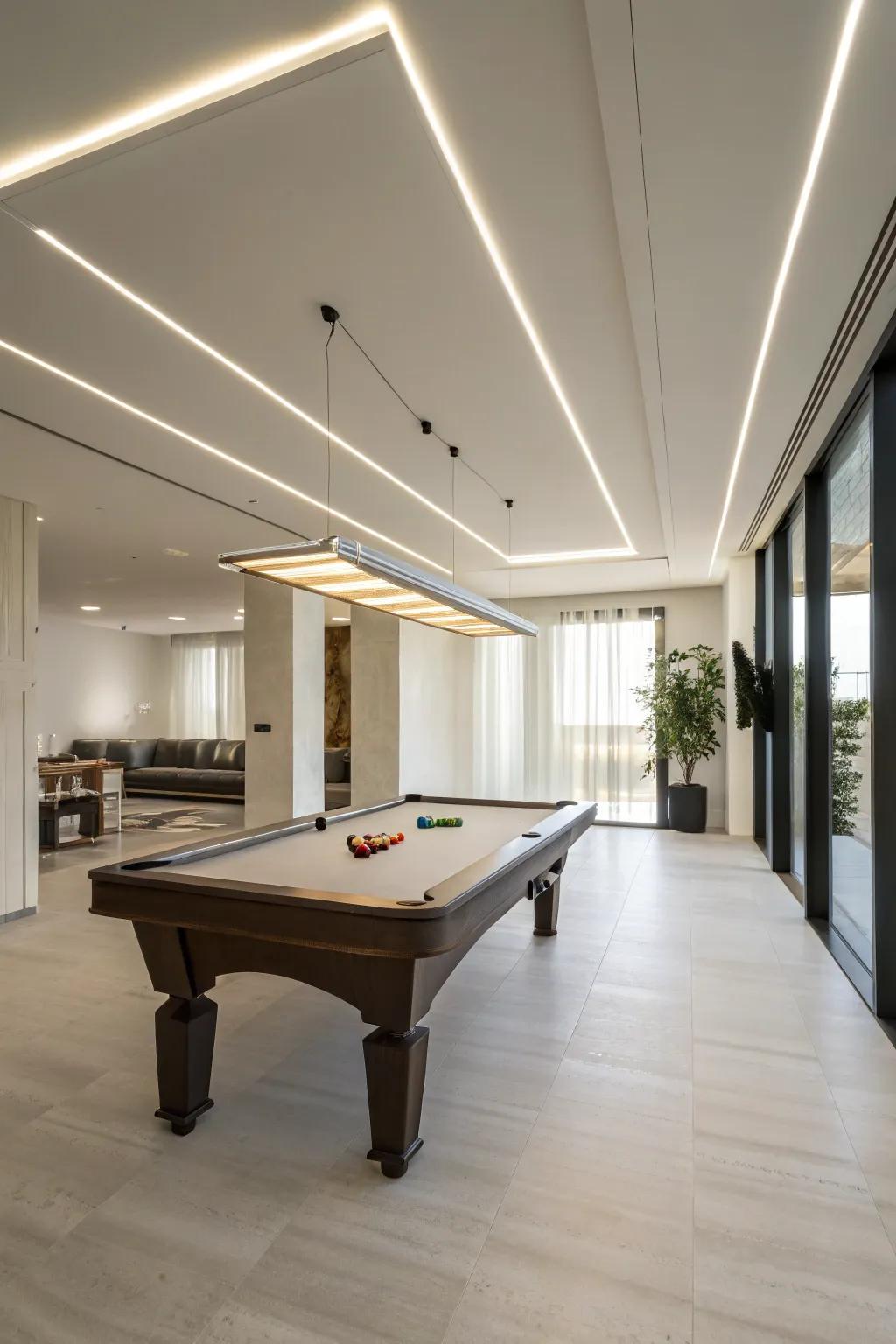 Modern minimalism makes for a spacious and airy billiard hall.