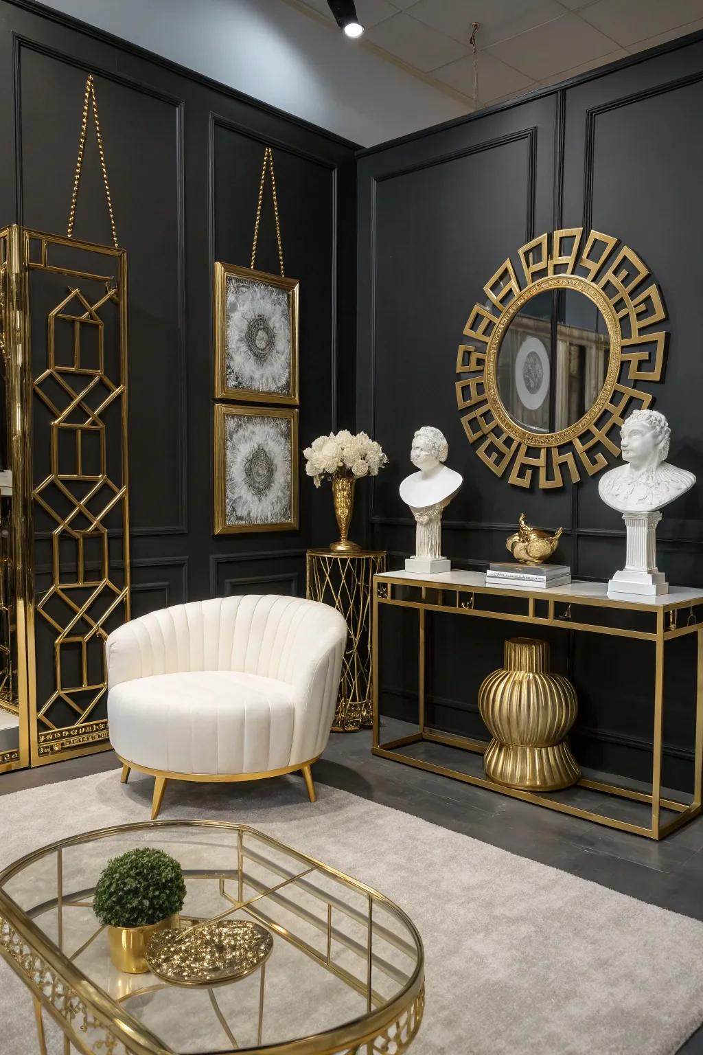 Black room with gold and white accents creating a striking contrast.