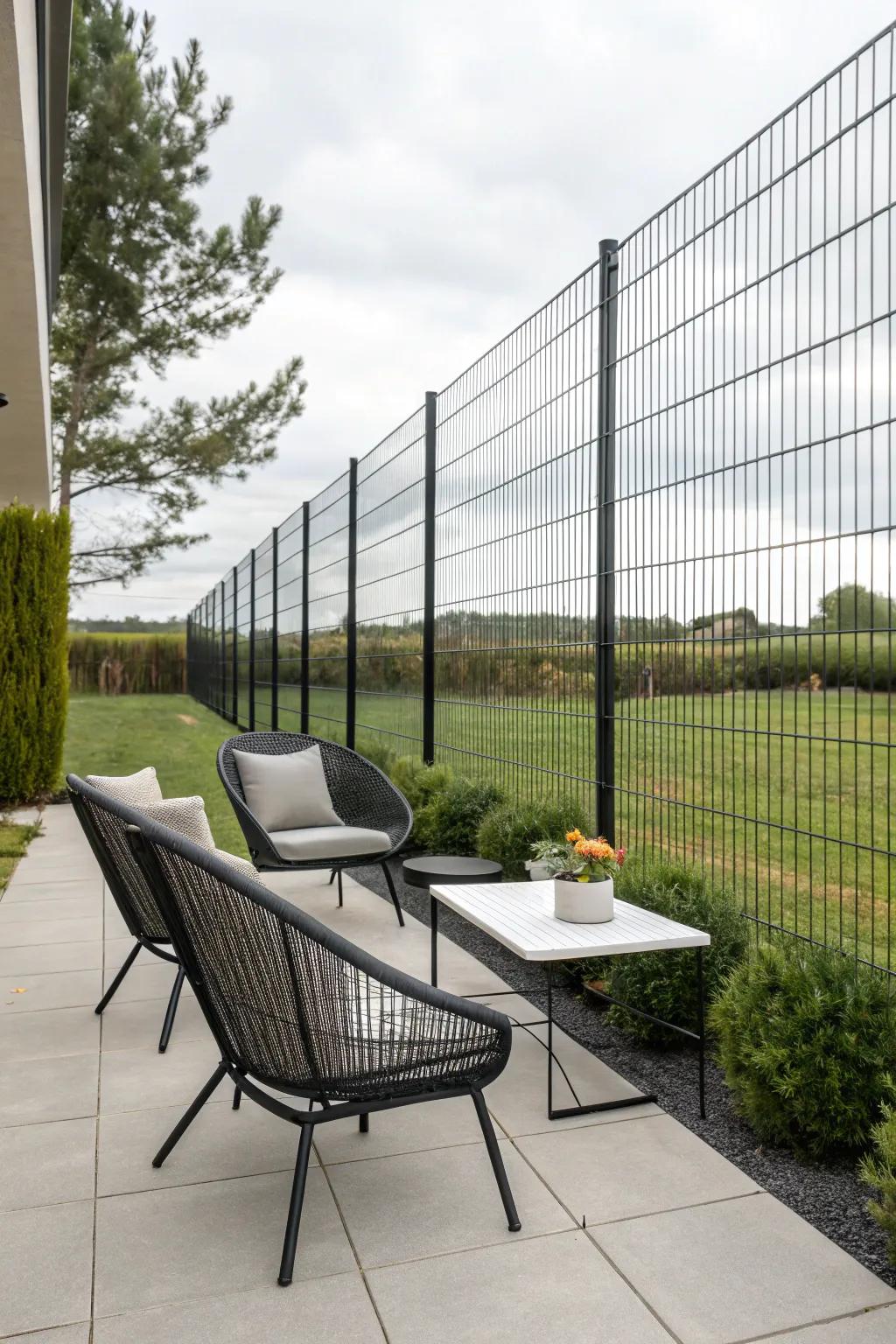 Embrace simplicity with a minimalist black wire fence for a modern aesthetic.