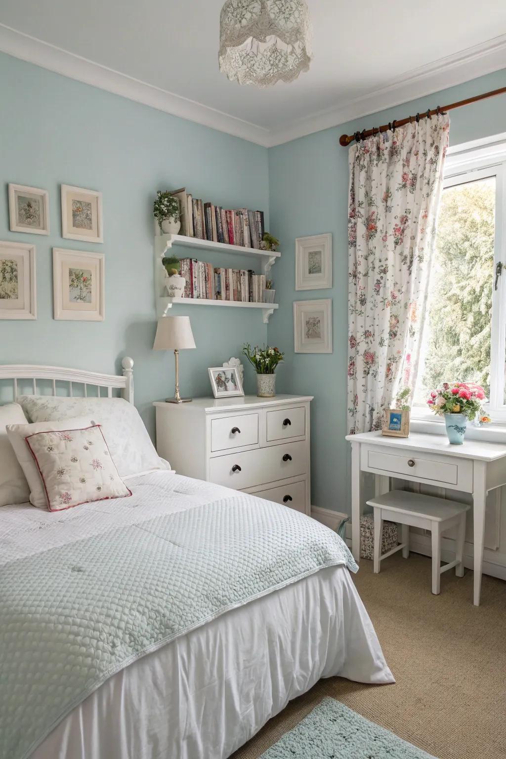 Pastel blue walls offer a calming and serene atmosphere.