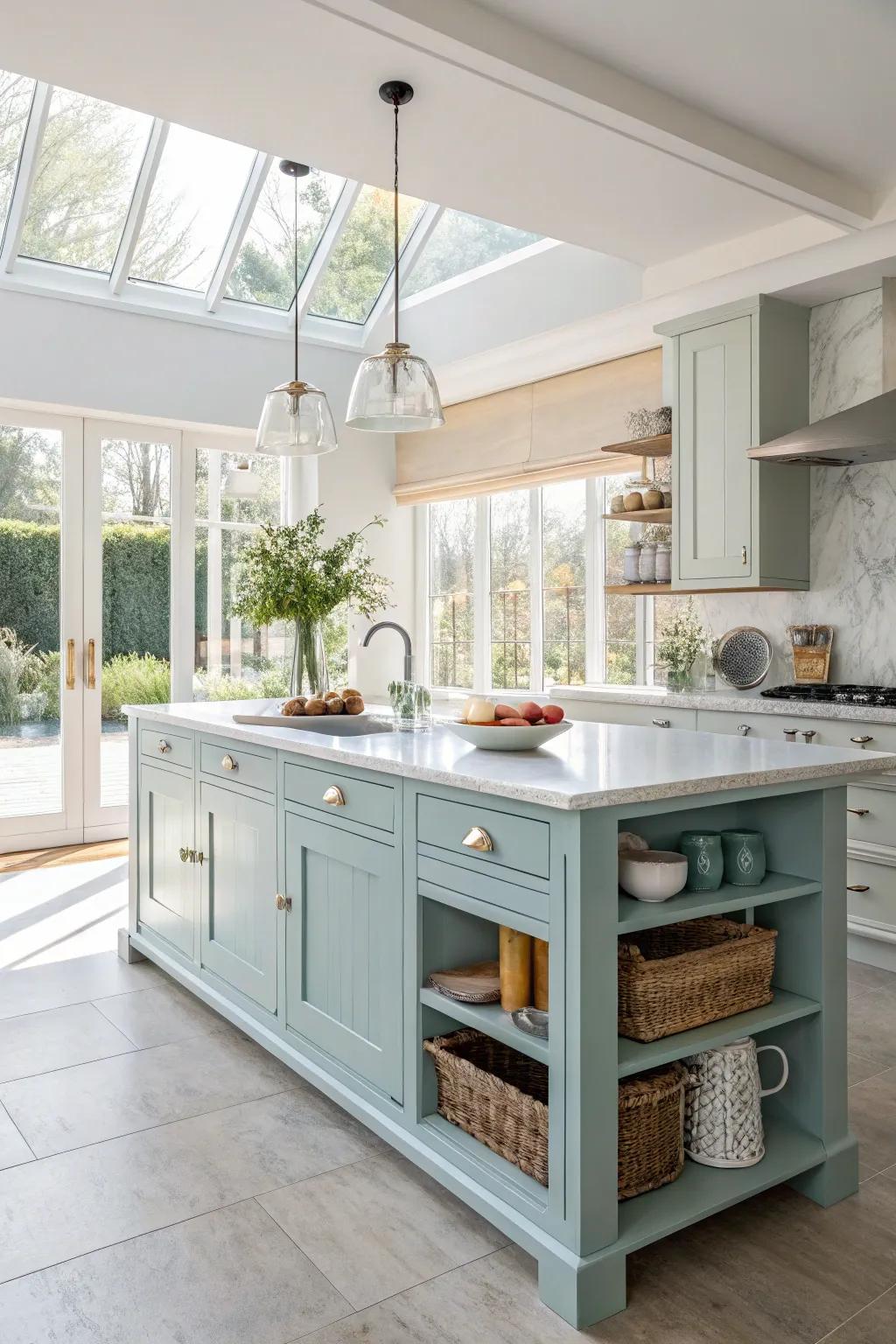 Light blue brings tranquility and openness to this cozy kitchen.