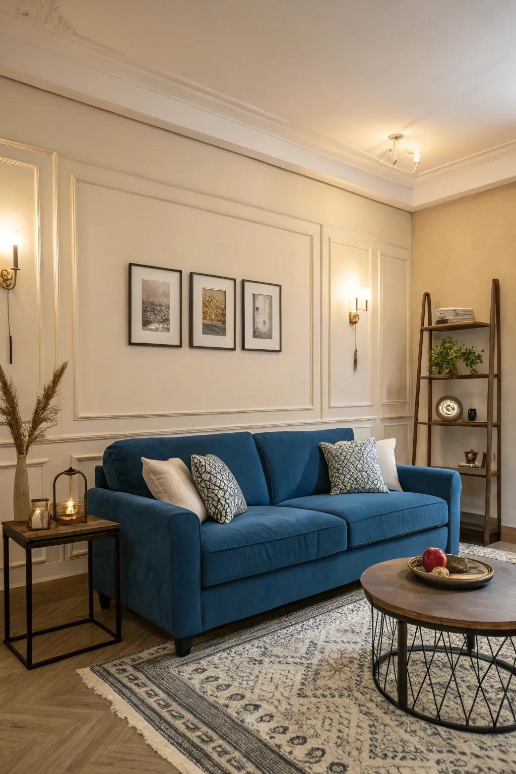 A bold blue sofa serves as the focal point in this elegantly styled living room.