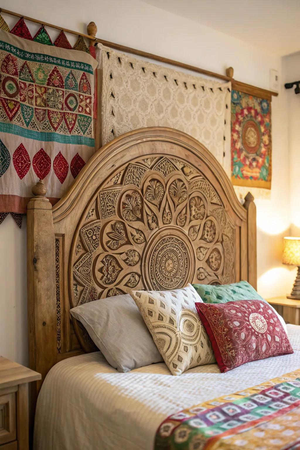 Intricate mandala carvings make this headboard a stunning centerpiece.