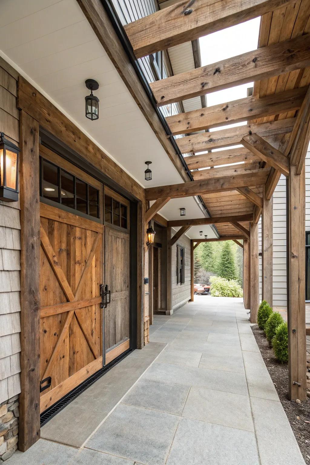 A modern rustic breezeway that brings warmth and character to the transition space.