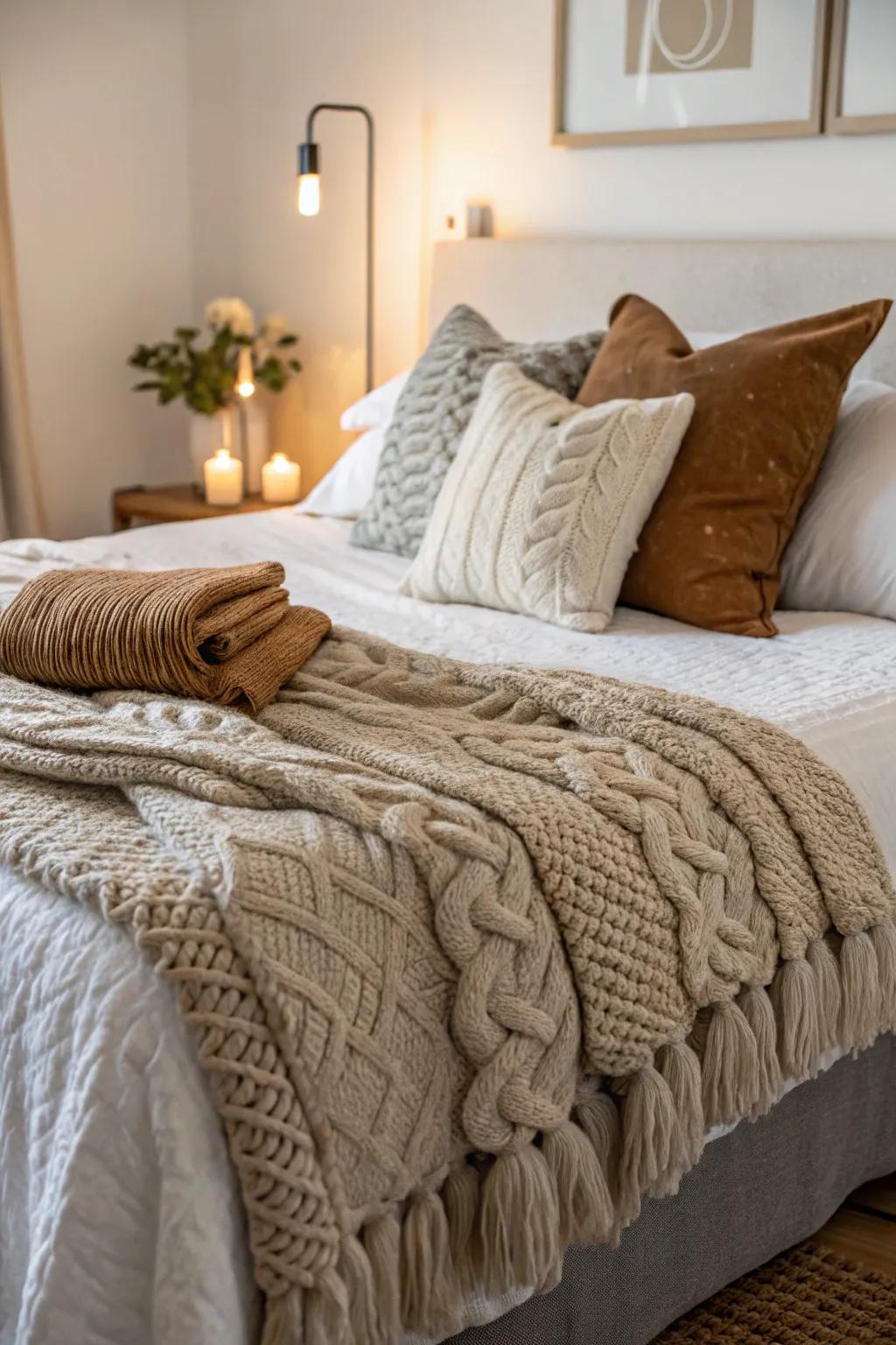 Textured bedding adds warmth and depth to a budget-friendly bedroom.