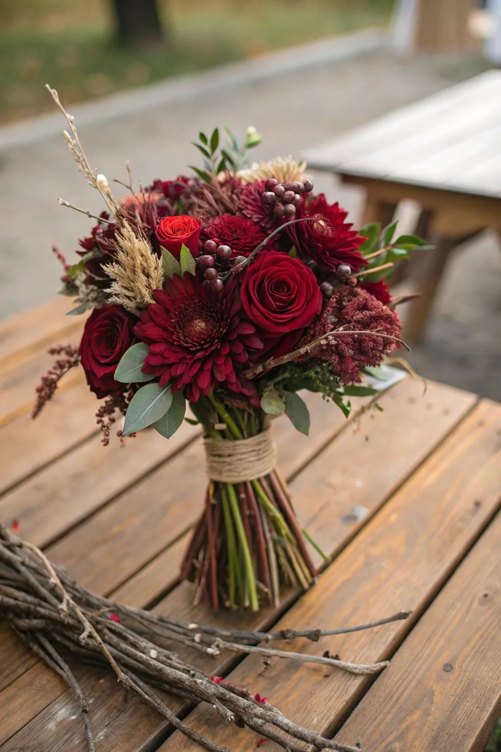 Rustic wedding bouquet with twigs and burgundy flowers.