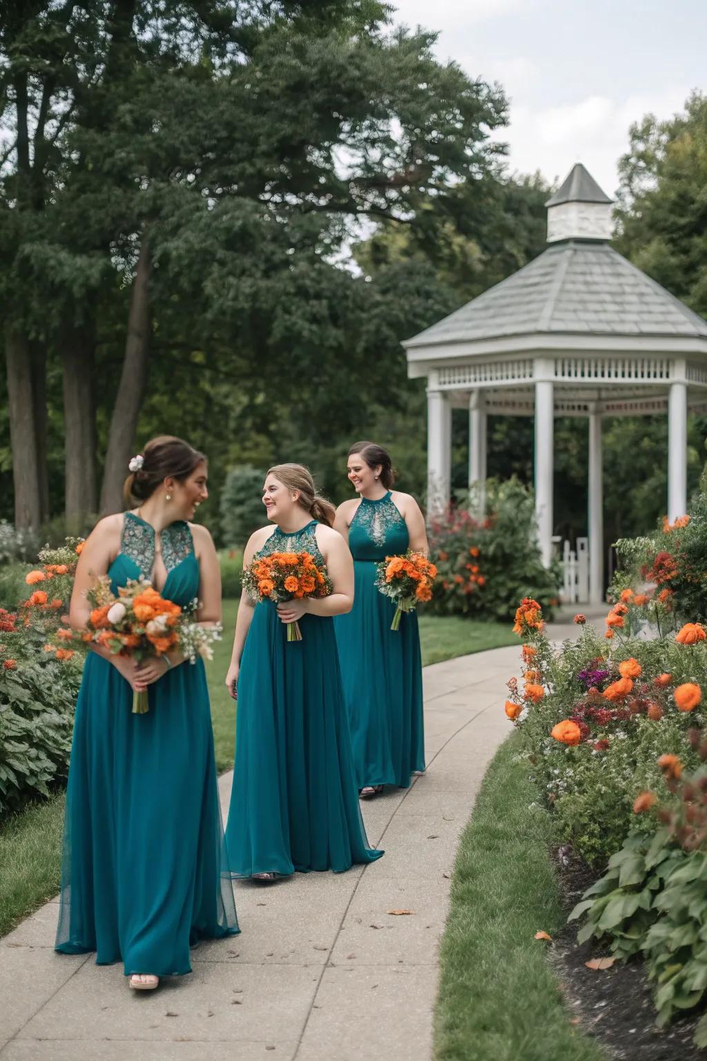 Bridesmaids looking stunning in teal and burnt orange attire.