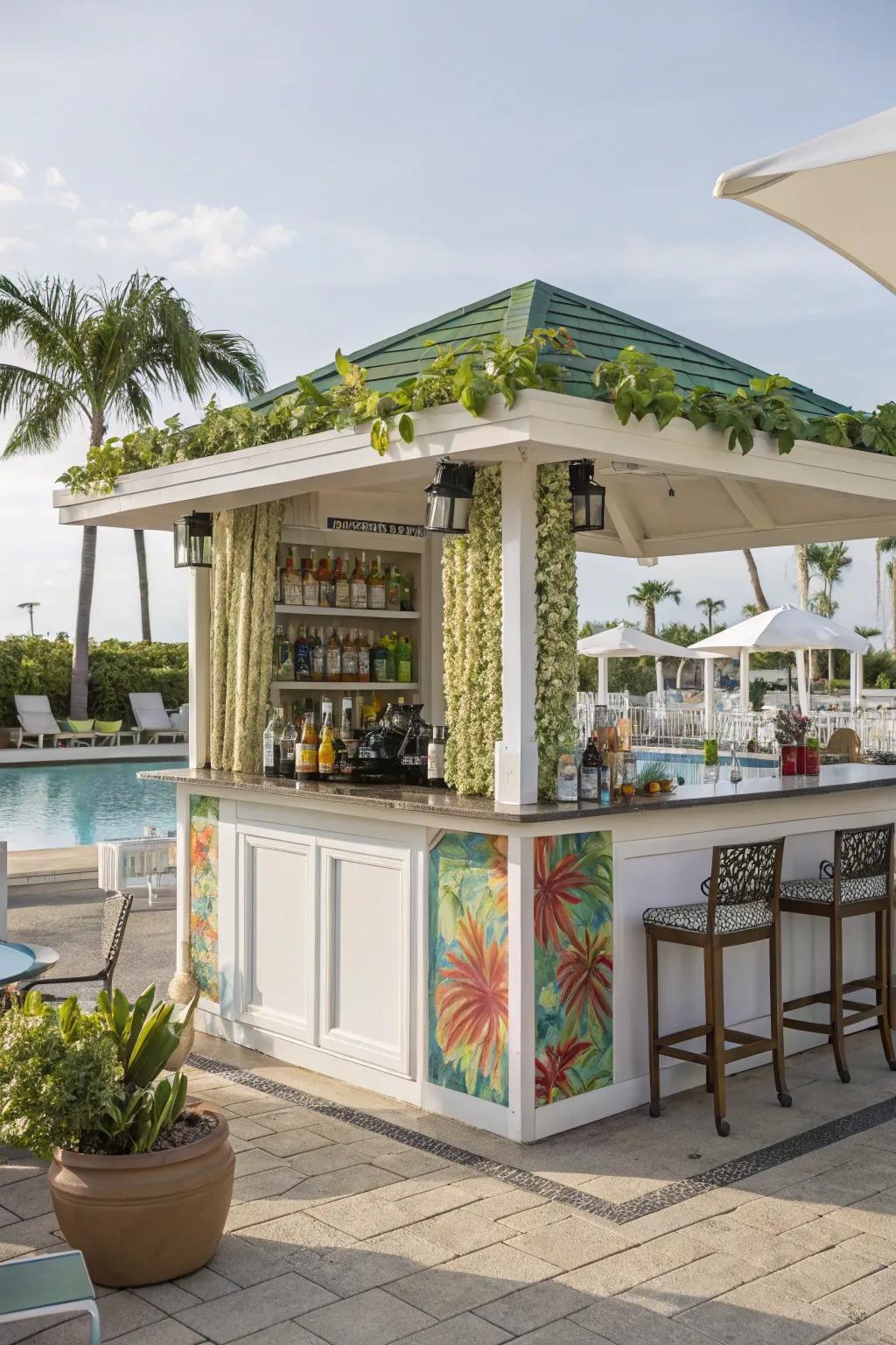 Poolside cabana featuring a chic outdoor bar for entertaining.