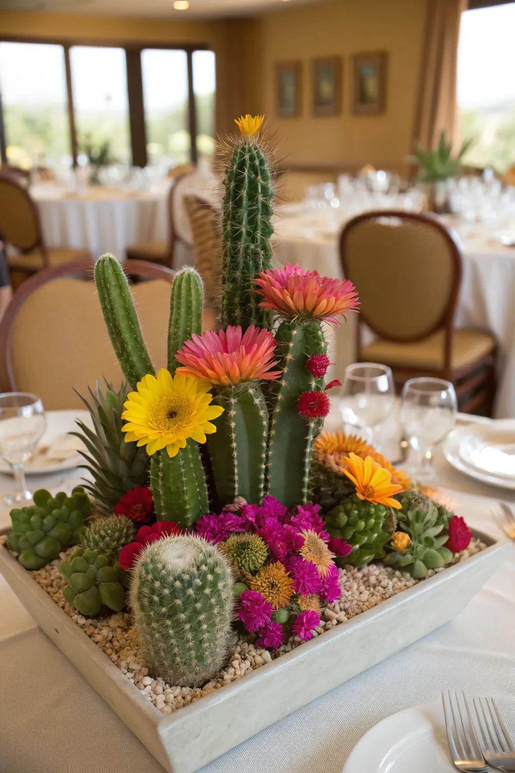 Cacti and blossoms coalesce to form a mesmerizing centerpiece.