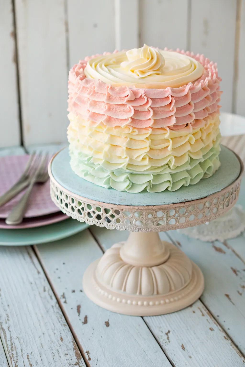 Elegant buttercream ruffles cascading down a beautiful cake