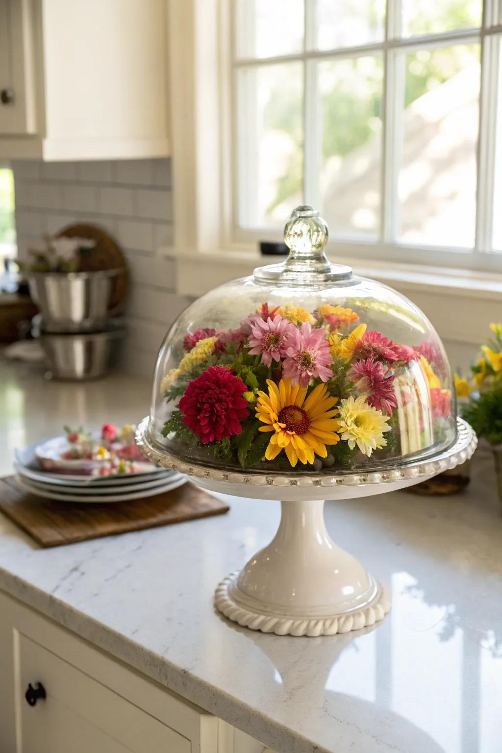 Infuse your area with vibrancy via a floral composition sheltered beneath glass.