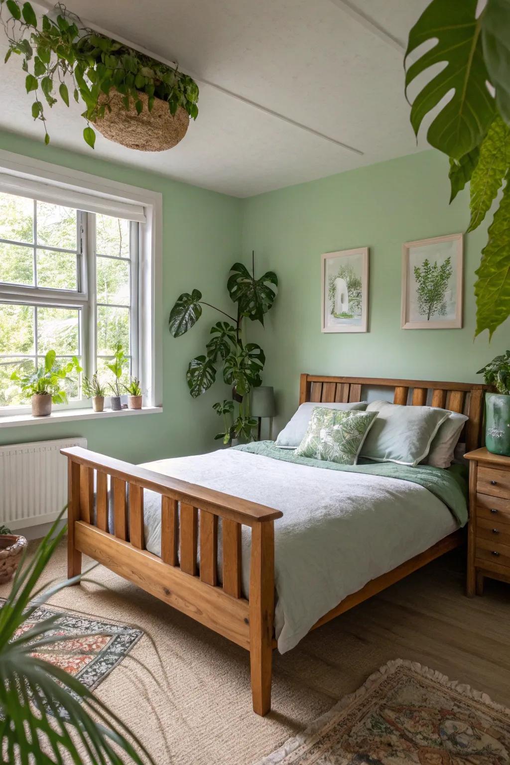 Pale green walls add a refreshing touch to the bedroom.