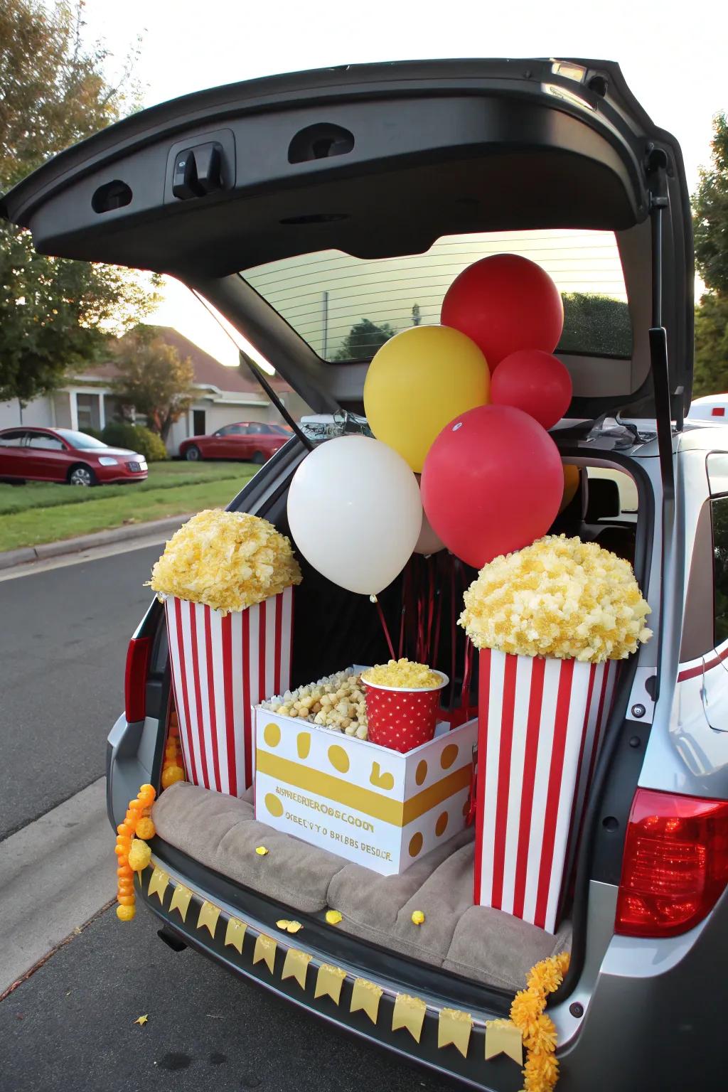 A trunk overflowing with oversized popcorn decorations, capturing the essence of a carnival treat.