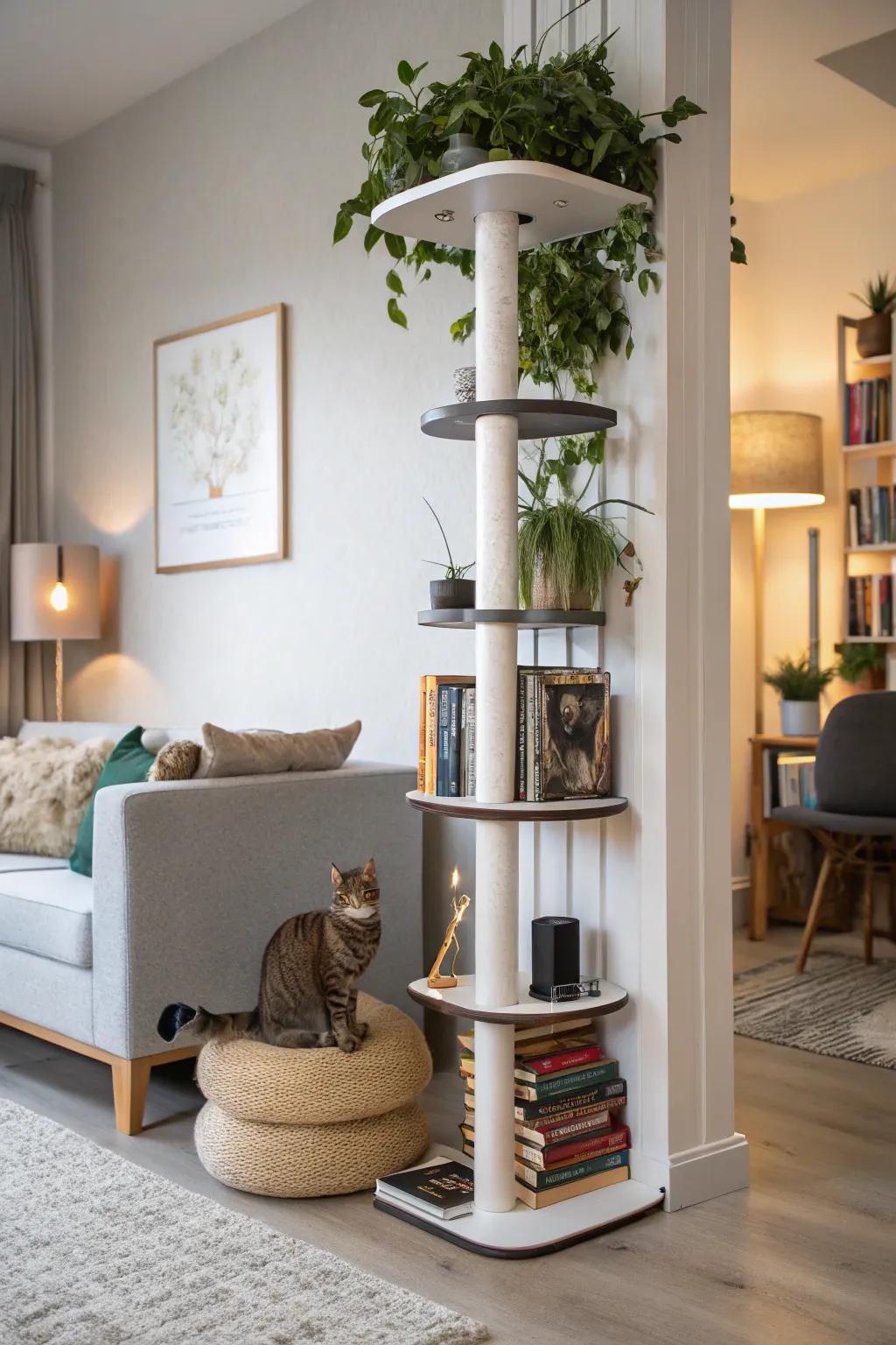 Harmonious amalgamation of utilitarian and aesthetic feline furnishings.