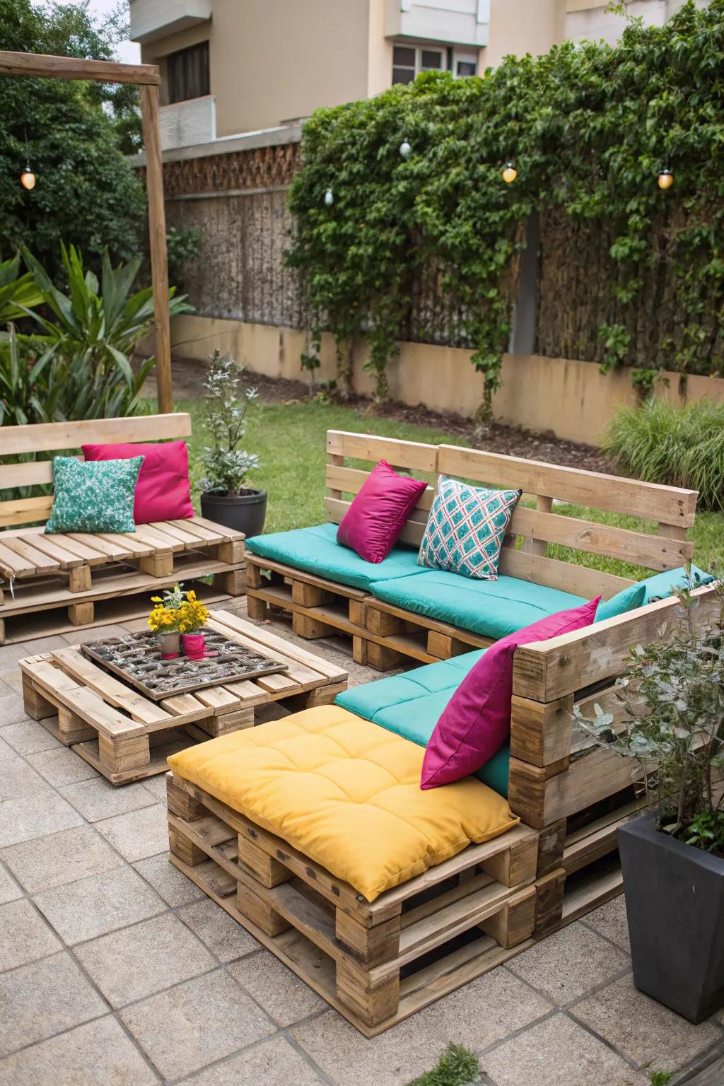 Repurposed pallets can be transformed into stylish seating.