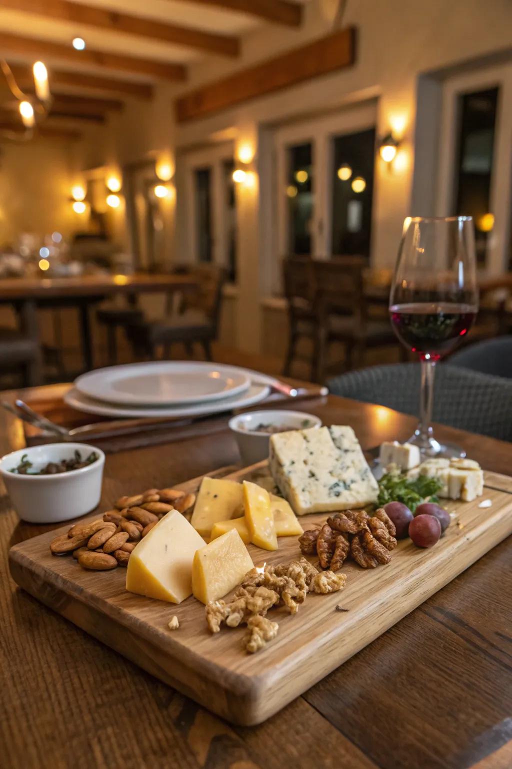 A rustic cheese board featuring natural elements.