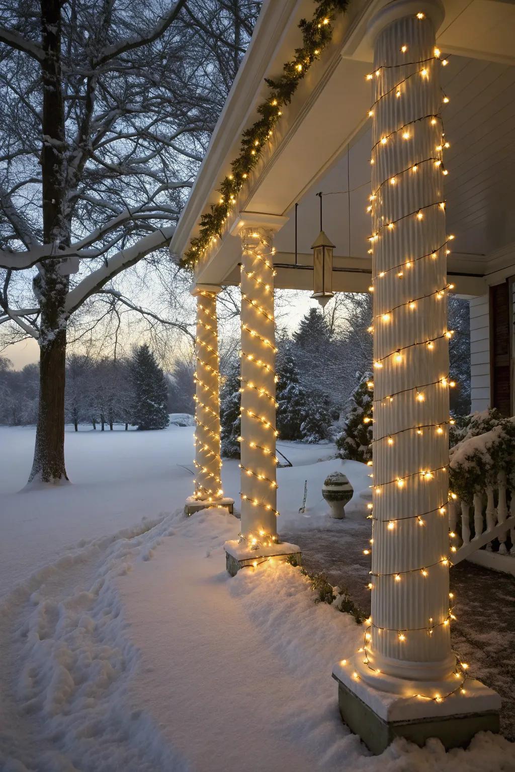 Twinkling lights add magic to snowy evenings.