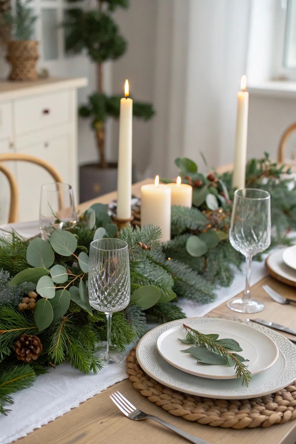 Natural greenery adds a fresh and fragrant touch to holiday tables.