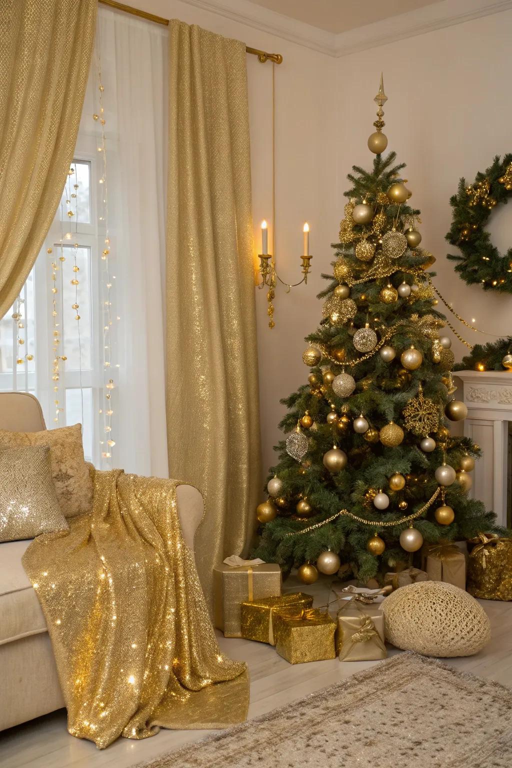A hint of opulence through gilded Christmas ornaments.