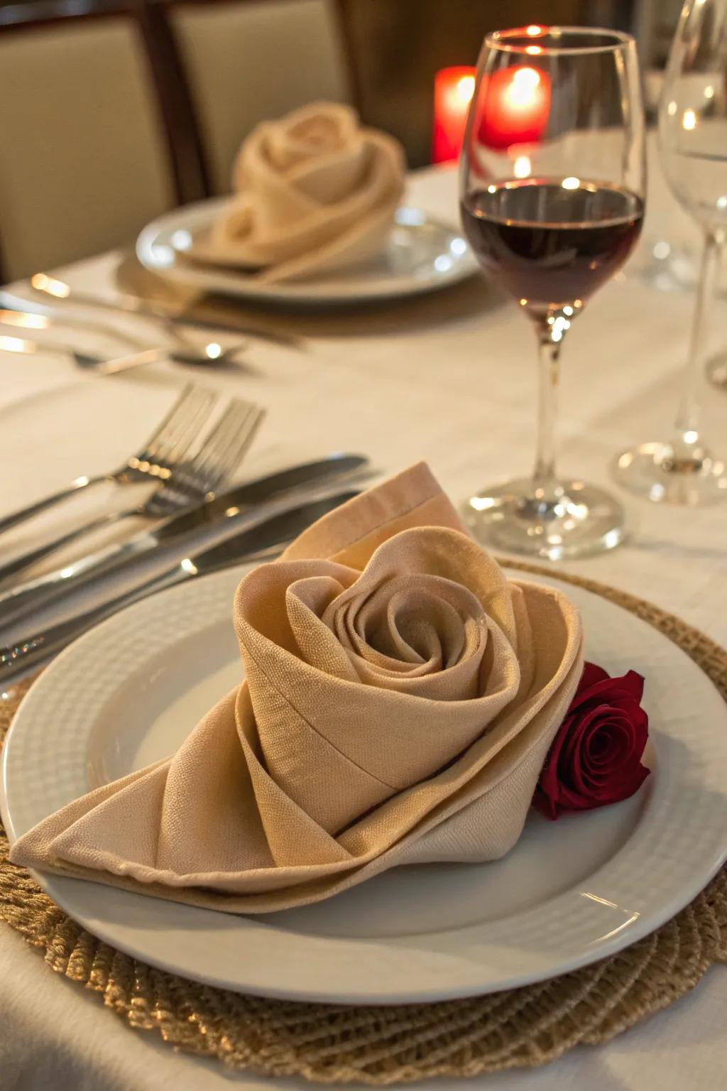 A floral rose napkin fold introduces romance and allure to your table.