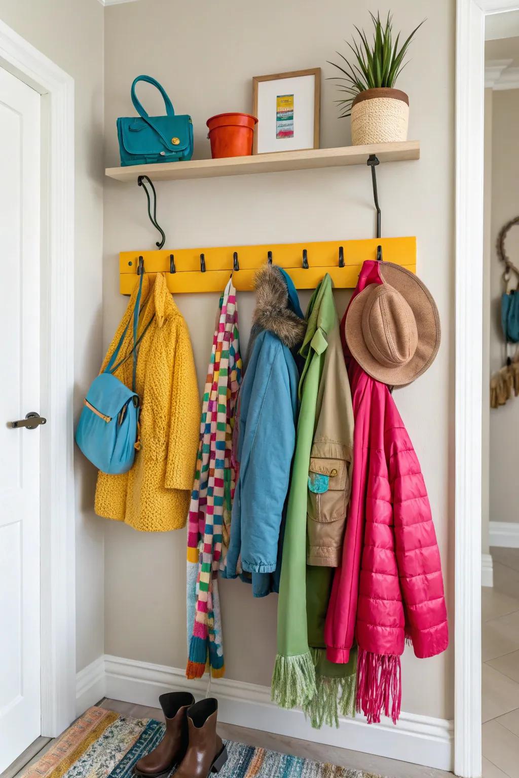 A brightly colored coat rack that adds a fun twist to a lightly toned entryway.