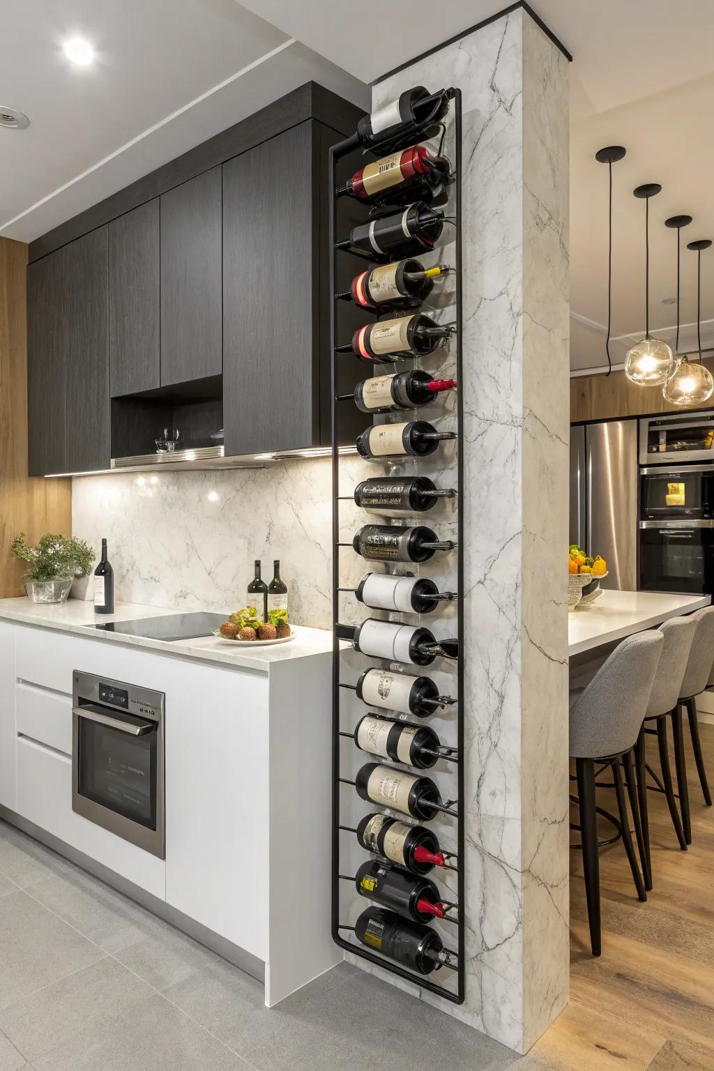 Vertical wine racks offer smart storage solutions.