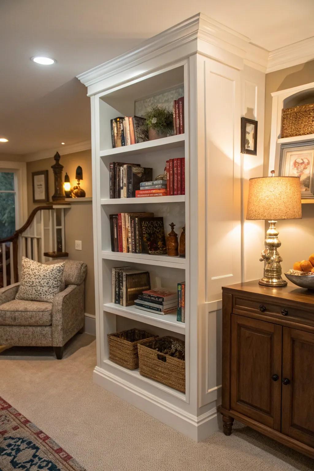 Built-in bookshelves offer a polished, custom appearance.