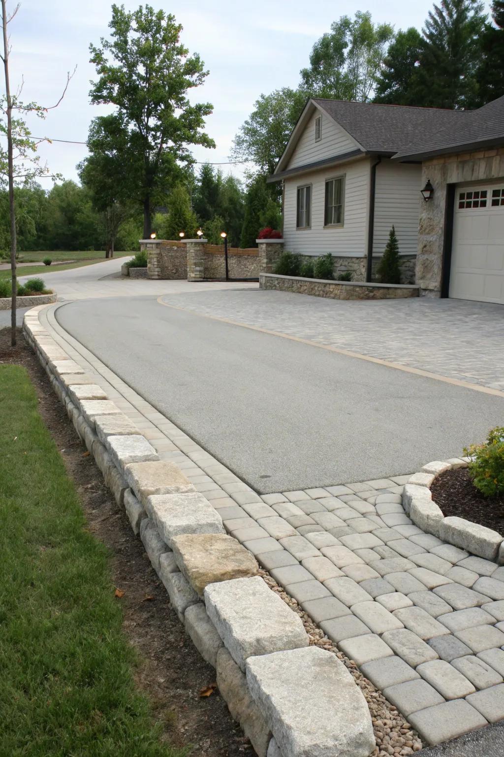 Refined stone borders beautifully defining the edges of a corner driveway.