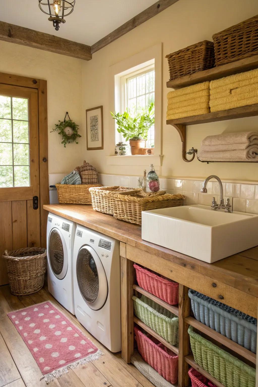 Wooden countertops provide a warm, inviting workspace.