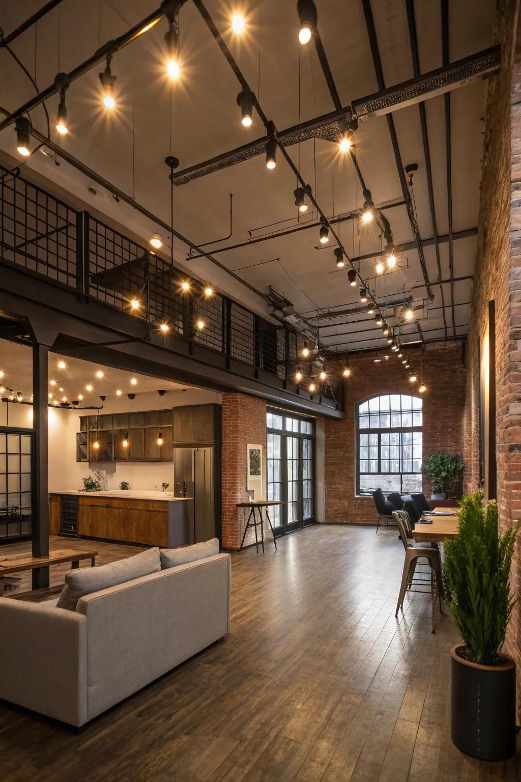 Layered lighting transforms this loft into a cozy retreat.