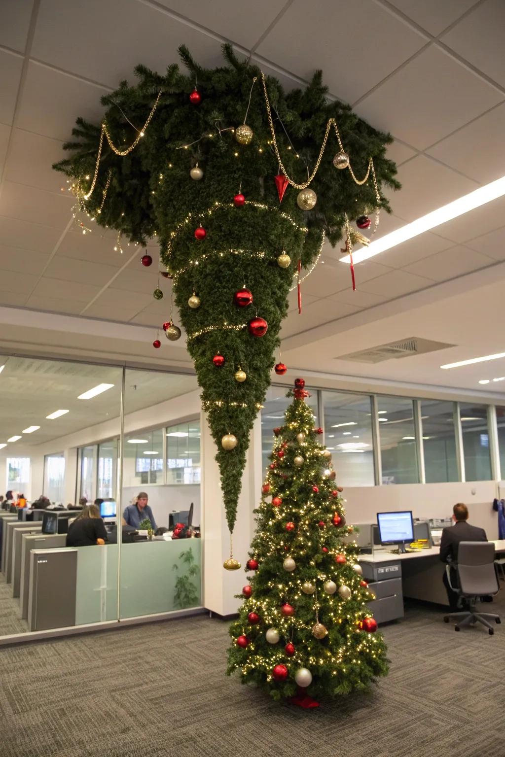 An upside-down Christmas tree adds a unique twist to office decor.