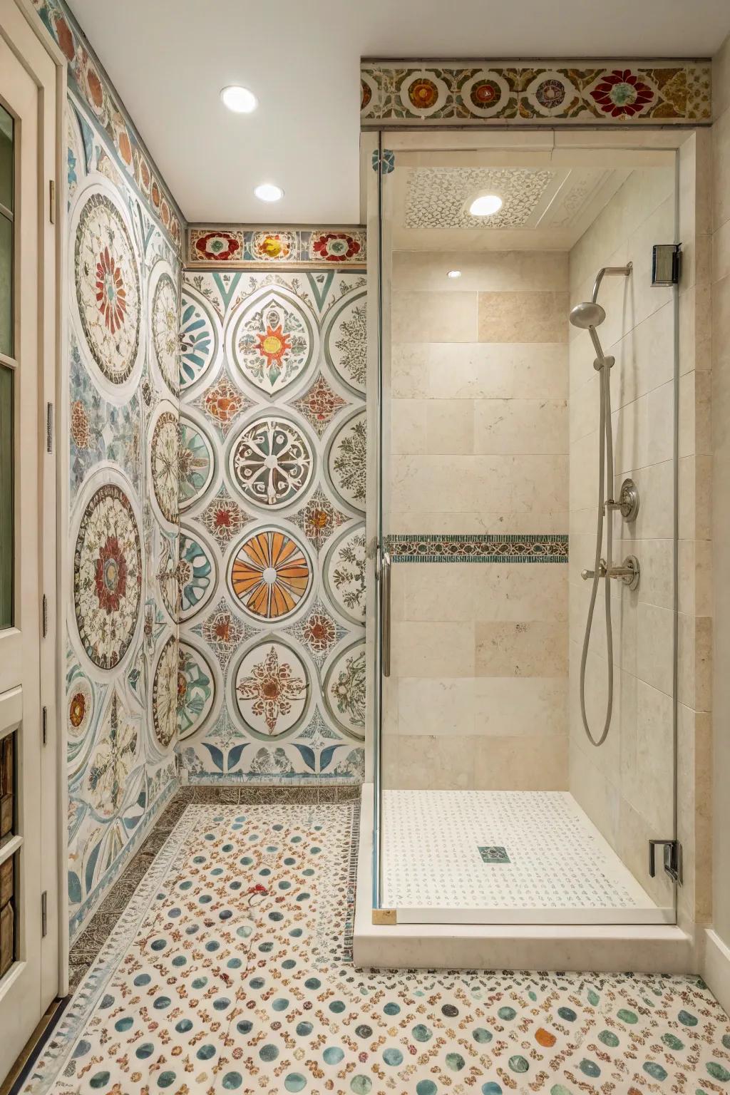 A mosaic tile pattern infuses this curbless shower with distinction and refinement.