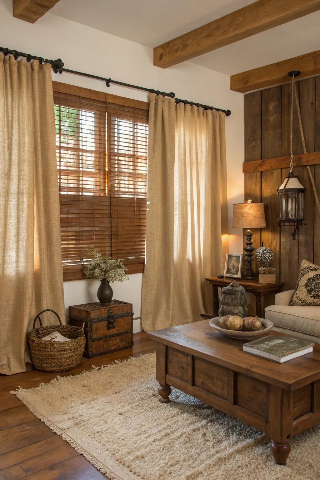 Burlap and wood create a warm, rustic window treatment.