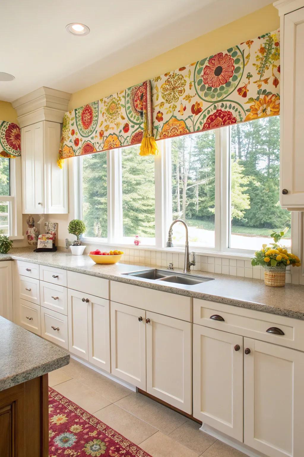 Illuminate your culinary space with spirited tie and tab top valances.